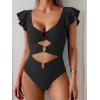 imageB2prity Womens One Piece Swimsuit Ruffle Sleeve Cut Out Bathing Suit Tie Back High Waisted Swim SuitBlack