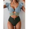imageB2prity Womens One Piece Swimsuit Ruffle Sleeve Cut Out Bathing Suit Tie Back High Waisted Swim SuitBlue Green Color Block