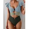 imageB2prity Womens One Piece Swimsuit Ruffle Sleeve Cut Out Bathing Suit Tie Back High Waisted Swim SuitBlue Green Color Block