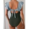 imageB2prity Womens One Piece Swimsuit Ruffle Sleeve Cut Out Bathing Suit Tie Back High Waisted Swim SuitBlue Green Color Block