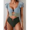 imageB2prity Womens One Piece Swimsuit Ruffle Sleeve Cut Out Bathing Suit Tie Back High Waisted Swim SuitBlue Green Color Block