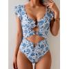 imageB2prity Womens One Piece Swimsuit Ruffle Sleeve Cut Out Bathing Suit Tie Back High Waisted Swim SuitBlue White Floral