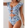 imageB2prity Womens One Piece Swimsuit Ruffle Sleeve Cut Out Bathing Suit Tie Back High Waisted Swim SuitBlue White Floral