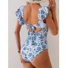 imageB2prity Womens One Piece Swimsuit Ruffle Sleeve Cut Out Bathing Suit Tie Back High Waisted Swim SuitBlue White Floral