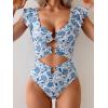 imageB2prity Womens One Piece Swimsuit Ruffle Sleeve Cut Out Bathing Suit Tie Back High Waisted Swim SuitBlue White Floral