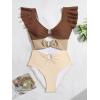 imageB2prity Womens One Piece Swimsuit Ruffle Sleeve Cut Out Bathing Suit Tie Back High Waisted Swim SuitBrown Block
