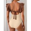 imageB2prity Womens One Piece Swimsuit Ruffle Sleeve Cut Out Bathing Suit Tie Back High Waisted Swim SuitBrown Block