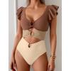 imageB2prity Womens One Piece Swimsuit Ruffle Sleeve Cut Out Bathing Suit Tie Back High Waisted Swim SuitBrown Block