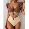 imageB2prity Womens One Piece Swimsuit Ruffle Sleeve Cut Out Bathing Suit Tie Back High Waisted Swim SuitBrown Block