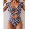 imageB2prity Womens One Piece Swimsuit Ruffle Sleeve Cut Out Bathing Suit Tie Back High Waisted Swim SuitBrown Feather Print