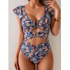imageB2prity Womens One Piece Swimsuit Ruffle Sleeve Cut Out Bathing Suit Tie Back High Waisted Swim SuitBrown Feather Print