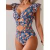 imageB2prity Womens One Piece Swimsuit Ruffle Sleeve Cut Out Bathing Suit Tie Back High Waisted Swim SuitBrown Feather Print