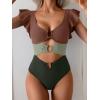 imageB2prity Womens One Piece Swimsuit Ruffle Sleeve Cut Out Bathing Suit Tie Back High Waisted Swim SuitBrown Green Color Block