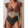 imageB2prity Womens One Piece Swimsuit Ruffle Sleeve Cut Out Bathing Suit Tie Back High Waisted Swim SuitBrown Green Color Block