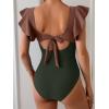 imageB2prity Womens One Piece Swimsuit Ruffle Sleeve Cut Out Bathing Suit Tie Back High Waisted Swim SuitBrown Green Color Block