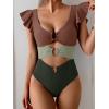 imageB2prity Womens One Piece Swimsuit Ruffle Sleeve Cut Out Bathing Suit Tie Back High Waisted Swim SuitBrown Green Color Block