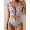 imageB2prity Womens One Piece Swimsuit Ruffle Sleeve Cut Out Bathing Suit Tie Back High Waisted Swim SuitOrange Floral