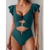 imageB2prity Womens One Piece Swimsuit Ruffle Sleeve Cut Out Bathing Suit Tie Back High Waisted Swim SuitPeacock Green