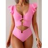 imageB2prity Womens One Piece Swimsuit Ruffle Sleeve Cut Out Bathing Suit Tie Back High Waisted Swim SuitPink