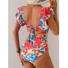 imageB2prity Womens One Piece Swimsuit Ruffle Sleeve Cut Out Bathing Suit Tie Back High Waisted Swim SuitRed Floral