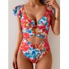 imageB2prity Womens One Piece Swimsuit Ruffle Sleeve Cut Out Bathing Suit Tie Back High Waisted Swim SuitRed Floral