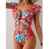imageB2prity Womens One Piece Swimsuit Ruffle Sleeve Cut Out Bathing Suit Tie Back High Waisted Swim SuitRed Floral