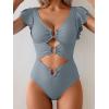 imageB2prity Womens One Piece Swimsuit Ruffle Sleeve Cut Out Bathing Suit Tie Back High Waisted Swim SuitRibbed  Grey Blue