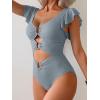 imageB2prity Womens One Piece Swimsuit Ruffle Sleeve Cut Out Bathing Suit Tie Back High Waisted Swim SuitRibbed  Grey Blue