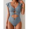 imageB2prity Womens One Piece Swimsuit Ruffle Sleeve Cut Out Bathing Suit Tie Back High Waisted Swim SuitRibbed  Grey Blue