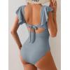 imageB2prity Womens One Piece Swimsuit Ruffle Sleeve Cut Out Bathing Suit Tie Back High Waisted Swim SuitRibbed  Grey Blue