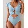 imageB2prity Womens One Piece Swimsuit Ruffle Sleeve Cut Out Bathing Suit Tie Back High Waisted Swim SuitRibbed  Light Blue