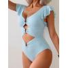 imageB2prity Womens One Piece Swimsuit Ruffle Sleeve Cut Out Bathing Suit Tie Back High Waisted Swim SuitRibbed  Light Blue