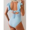imageB2prity Womens One Piece Swimsuit Ruffle Sleeve Cut Out Bathing Suit Tie Back High Waisted Swim SuitRibbed  Light Blue