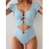 imageB2prity Womens One Piece Swimsuit Ruffle Sleeve Cut Out Bathing Suit Tie Back High Waisted Swim SuitRibbed  Light Blue