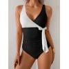 imageB2prity Womens One Piece Swimsuit Tummy Control Slimming Bathing Suit V Neck Swim Suit Color Block Tie Side SwimwearBlack white