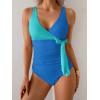 imageB2prity Womens One Piece Swimsuit Tummy Control Slimming Bathing Suit V Neck Swim Suit Color Block Tie Side SwimwearBlue Block