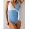 imageB2prity Womens One Piece Swimsuit Tummy Control Slimming Bathing Suit V Neck Swim Suit Color Block Tie Side SwimwearBlue white