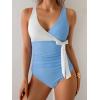 imageB2prity Womens One Piece Swimsuit Tummy Control Slimming Bathing Suit V Neck Swim Suit Color Block Tie Side SwimwearBlue white