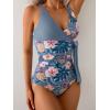 imageB2prity Womens One Piece Swimsuit Tummy Control Slimming Bathing Suit V Neck Swim Suit Color Block Tie Side SwimwearGrey Blue Floral