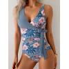 imageB2prity Womens One Piece Swimsuit Tummy Control Slimming Bathing Suit V Neck Swim Suit Color Block Tie Side SwimwearGrey Blue Floral