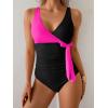 imageB2prity Womens One Piece Swimsuit Tummy Control Slimming Bathing Suit V Neck Swim Suit Color Block Tie Side SwimwearHot Pink black