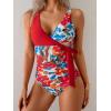 imageB2prity Womens One Piece Swimsuit Tummy Control Slimming Bathing Suit V Neck Swim Suit Color Block Tie Side SwimwearRed Floral