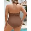 imageB2prity Womens Plus Size One Piece Swimsuit Tummy Control Ruched Slimming Bathing Suit Halter V Neck SwimwearBrown