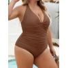imageB2prity Womens Plus Size One Piece Swimsuit Tummy Control Ruched Slimming Bathing Suit Halter V Neck SwimwearBrown