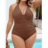imageB2prity Womens Plus Size One Piece Swimsuit Tummy Control Ruched Slimming Bathing Suit Halter V Neck SwimwearBrown