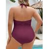 imageB2prity Womens Plus Size One Piece Swimsuit Tummy Control Ruched Slimming Bathing Suit Halter V Neck SwimwearWine Red