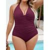 imageB2prity Womens Plus Size One Piece Swimsuit Tummy Control Ruched Slimming Bathing Suit Halter V Neck SwimwearWine Red