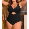 imageB2prity Womens Plus Size Swimsuit Tummy Control One Piece Bathing Suit Tie Back Cutout Ruched SwimwearBlack