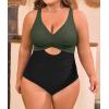 imageB2prity Womens Plus Size Swimsuit Tummy Control One Piece Bathing Suit Tie Back Cutout Ruched SwimwearGreen black