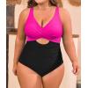 imageB2prity Womens Plus Size Swimsuit Tummy Control One Piece Bathing Suit Tie Back Cutout Ruched SwimwearHot Pink black